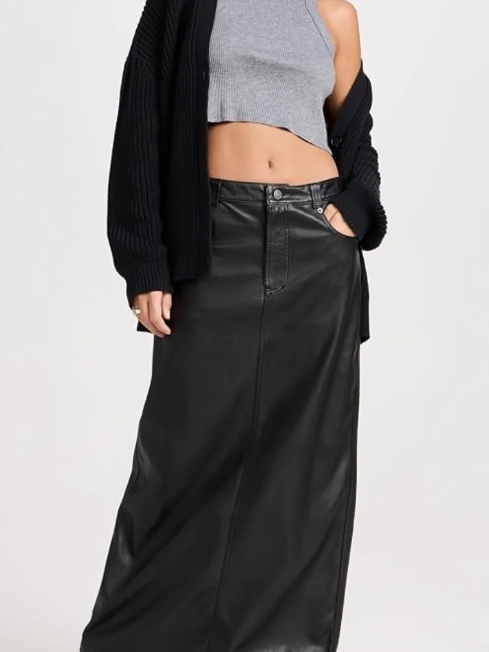 Free People City Slicker Vegan Leather Maxi Skirt Black High Rise A-Line Slit - Picture 12 of 14